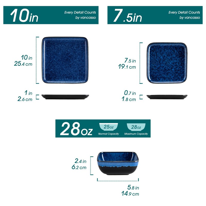 vancasso Stern Blue Dinner Set Square Reactive Glaze Tableware 12