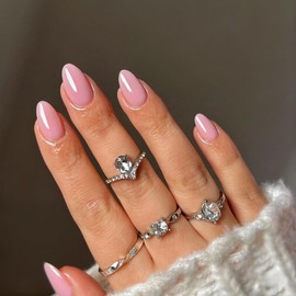 Pink Press on Nails Short Almond Fake Nails Press ons, Thick Solid Color Glue on Nails Short False Nails, Medium Almond Nail Oval Round Shaped for Women, 24Pcs Natural Acrylic Gel Nail