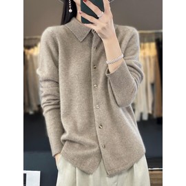 RUCPUW 100% Merino Wool Sweaters Women's Fall Winter Warm Soft Knitted Shirt Lapel Polo Collar Cardigan Long Sleeves(020,Deep Khaki,M)