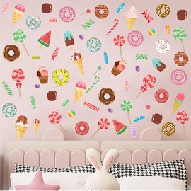 Mirabuy Summer Wall Decals Donut Watermelon Ice Cream Candy Wall Stickers for Girls Room Nursery Summer Party Supplies Decor