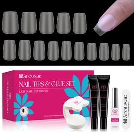 360pcs Short Coffin Nail Tips Kit, Clear Acrylic Nail Extension Set in 15 Sizes, Matte Full Cover Press on False Nail Tips with 20ml*2 Glue Gel & UV Nail Lamp, Spring Summer DIY Salon Gift