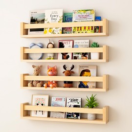 Oirfaxs Floating Nursery Book Shelves for Wall Set of 4, 16.5Inch Wall Bookshelf for Kids Room, Wall Shelves for Bedroom Bathroom Toy and Decor Storage (Natural Wood)