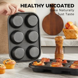 HONGBAKE Cast Iron Muffin Pan, Pre-Seasoned 6-Cup Muffin Tin, 2 Pack Nonstick Uncoated Cupcake Pans for Scones, Stovetop & Oven Safe, Standard Size, Non-Toxic