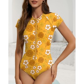 Century Star Modest Swimsuits for Women High Neck Swimsuits for Women One Piece Rash Guard Cute Short Sleeve Surfing Athletic Swimwear Full Coverage Zip Bathing Suit Yellow Floral 2XL