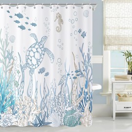 Caheansi Nautical Coastal Shower Curtain, Ocean Beach Themed Teal Blue Sea Turtle Underwater Coral Starfish Seashell Bathroom Curtain Waterproof Fabric Machine Washable with Hooks, 72" Wx72 L