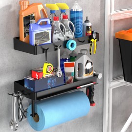 ZUNTO Garage Paper Towel Holder with 2 Shelves, Black Paper Towel Holder with Hooks, Wall Mount Paper Towel Rack for Organization and Storage, Drilling