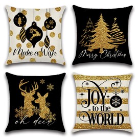 Artscope Gold Christmas Cushion Covers Set of 4 for Christmas Decorations Black Goldden Throw Pillows Winter Holiday Decor Throw Cushion Case for Home Couch 45x45cm