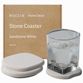 ROCCIA Home Decor Stone Coaster Set - 4 Stone Coasters with Absorbent Diatomaceous Earth for Quick Drying Round Coasters for Drinks Modern Home Decor - (White Sandstone)