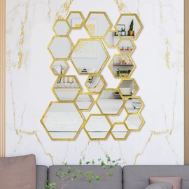 Yookeer 20 Pcs Wall Decor Mirror Gold Hexagon Mirror Modern Wooden Framed Wall Mirror Removable Acrylic Mirror Wall Art Honeycomb Mirror for Home Living Room Bedroom Decoration, 31.5 x 21.6 in