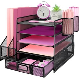 Organizadores de escritorio y accesorios con soporte para archivos, organizador de bandeja de papel de 5 niveles con cajón y 2 soportes para bolígrafo