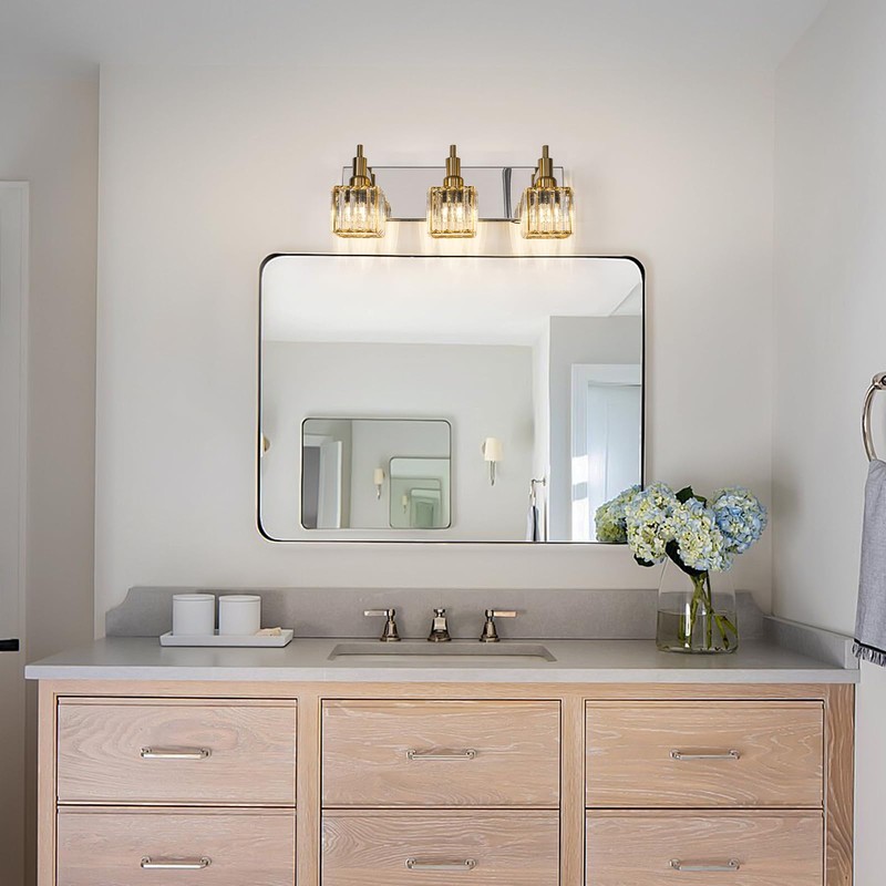 HUOKU Crystal Bathroom Vanity Light Gold Chrome 3-Light Modern Bathroom
