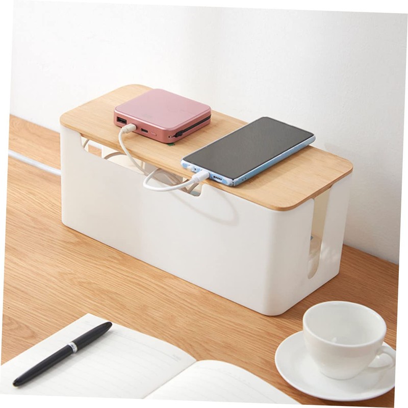 DOITOOL Bamboo Cover Cable Management Box Cable Organizer Nightstand Cord