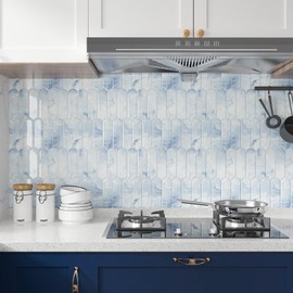 CHIHUT 6 Sheets Blue and White Marble Gradient Picket Shaped Peel and Stick Backsplash Tiles Waterproof Self Adhesive Stick on Backsplash Tiles for Kitchen Bathroom Backsplashes 12’’x12’’ Wall Tile