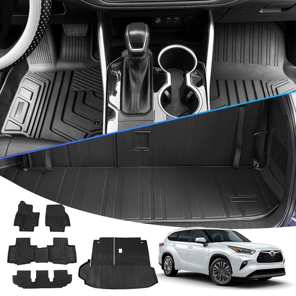 Songkai Floor Mats Cargo Liner Backrest Mat Trunk Mats Compatible with 2020 2021 2022 2023 Toyota Highlander 7 Seats Accessories (Floor Mats + Trunk Mat)