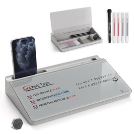 TOWON Small Compact Glass Desktop Whiteboard with Storage – 12 x 7 in Dry Erase Board for Desk, Home Office, School | Includes 5 Markers, Eraser & Holder | Space-Saving Organizer, Aesthetic Gray