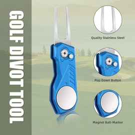 Mile High Life Golf Divot Repair Tool w Magnetic Golf Ball Marker, All Metal Foldable Divot Tool w Pop-up Button, Golf Accessories for Men