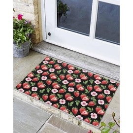 Door Mats Strawberry Fruit Flowers on Black Indoor Doormat 24x36IN Kitchen Rugs Non-Slip Mat with Rubber Backing Soft Absorbent Floor Rug for Bathroom Bedroom Entryway Decor Watercolor Tropical