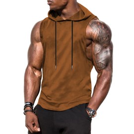 Babioboa Men's Workout Hooded Tank Tops Athletic Sleeveless Hoodie Quick Dry Muscle Cut Off T-Shirts(Brown Large)