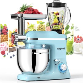 Vospeed 9 IN 1 Stand Mixer, 850W Tilt-Head Multifunctional Electric Mixer with 8 QT Stainless Steel Bowl, 1.5L Glass Jar, Meat Grinder, Hook, Whisk, Beater Dishwasher Safe (Blue)