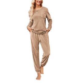 Ekouaer Womens Pajamas Sets Long Sleeve Soft Sleepwear 2 Piece Velvet Pjs Lounge Sets with Pockets Khaki
