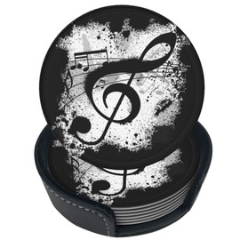Niukom 6 Pcs Music Note Leather Coasters for Drinks with Holder Coaster Sets Drink Table Cup Coasters for Living Room Kitchen Coffee Decor