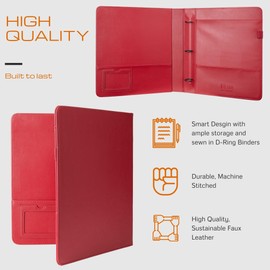 2Fold 3 Ring Binder 1 Inch with Clear Front Pocket - Premium PU Faux Leather Presentation Binder - Extra Storage Pockets for Office Supplies, Business Card Holder, and Pen/Pencil Loop (1 Inch, Red)
