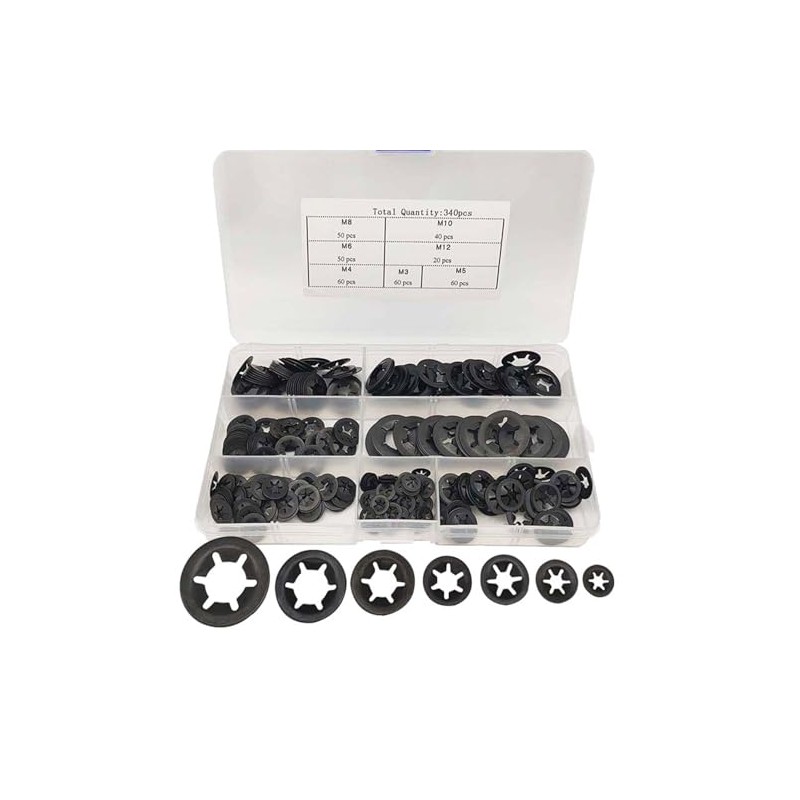Sicherungsscheiben Sortiment Kit M3-M12 350 teilig Manganstahl Schwarz