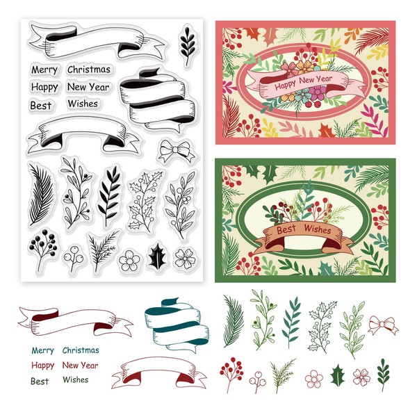 BENECREAT Merry Christmas PVC Clear Stamps, Branch Ribbon Bows Holly Leaves Clear Stamp for DIY Scrapbooking, Photo Album Decorative, Cards Making, 16x11cm