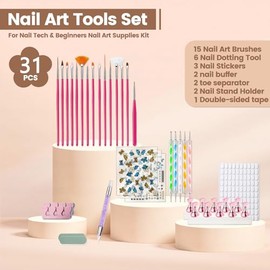 31 Piece Nail Art Brush Set, 15 Nail Art Brushes, 6 Nail Dotting Tools, 3 Nail Stickers, 2 Toe Separators, 2 Nail Polishers with Nail Stand Holder for Beginners, Nail Art Accessory Set