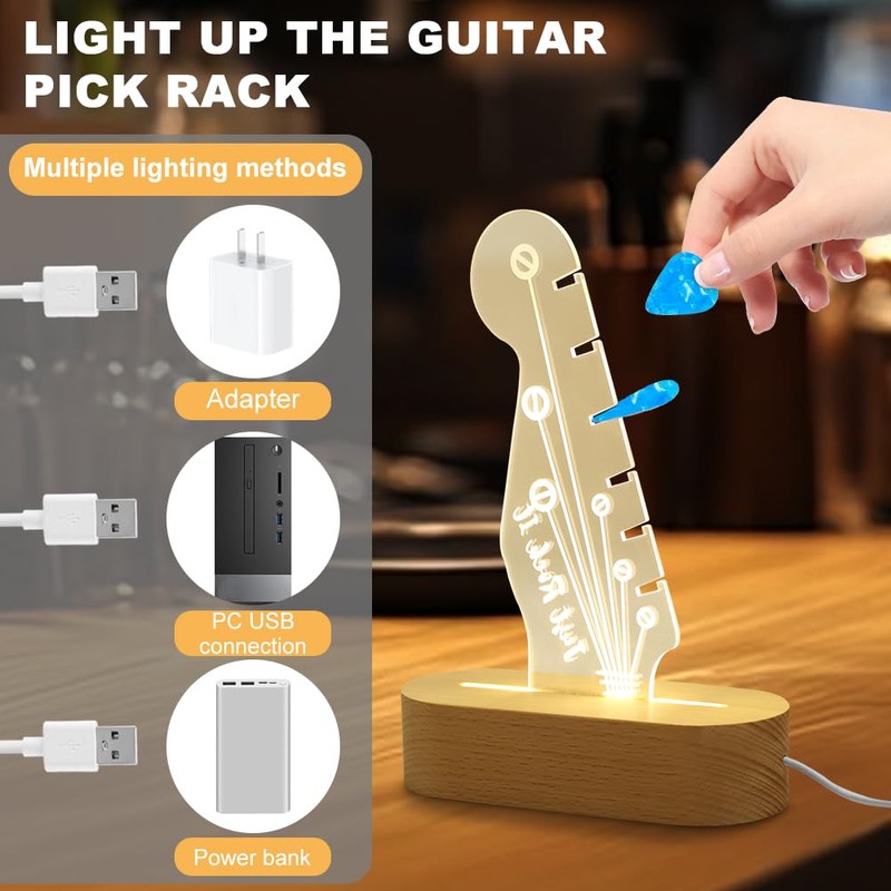Hogurin Light Up Guitar Pick Holder, Acrylic Wood Desktop Picks