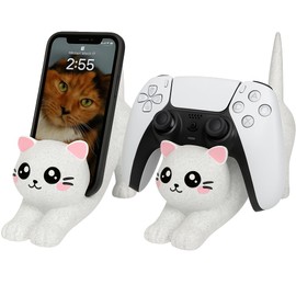 Azata Cat Phone Stand and Controller Stand - Cute Gamer Desk Phone Stand for All Phones, Gift for Cat Lovers (White)