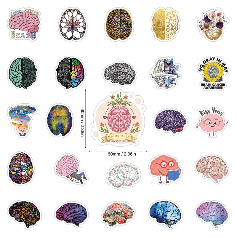 UBOFUGS 50 Pcs Brain Stickers Pack | Colorful Brain Stickers