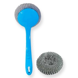AKH® Non Scratch Plastic Scourer & Refill |26 cm Length Size| Dishwashing Scrubber | Stainless Steel Scourer Sponge with Handle | Kitchen Dish Washing Up Brush Brush | Metal Scourer with Handle