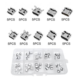 KEUGT Pack of 50 Micro USB Female Plugs, Soldering USB Sockets Assortment, USB Repair Replacement Adapter Assortment Set, Mix 6 Pin and 16 Pin, Micro USB Socket for Soldering, with Storage Box