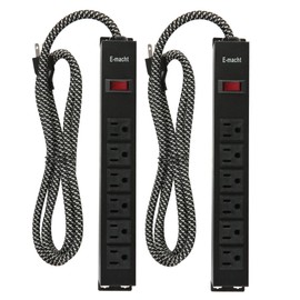 LONABR Long Power Strip Surge Protector, 6 Outlets Metal Heavy Duty Power Outlet with 6 ft Extension Cord, Wall Mountable, 2 Pack, Black, 300 Joules