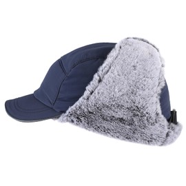 Connectyle Men's Winter Trapper Hat with Visor Faux Fur Lined Trooper Hunting Hat Windproof Cold Weather Hat Navy Blue