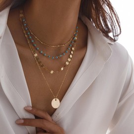 Boho Western Necklace for Women Turquoise Beaded Layered Stacked Pendant Jewelry Vacation Beach Accessory Birthday Gifts