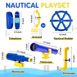 Playground Accessories Swing Set Pirate Plastic Playground Equipment Set with Plastic Wheel, Telescope, Periscope, Telephone, Safety Handle Bars for Outdoor Playhouse Treehouse (Yellow, Blue)