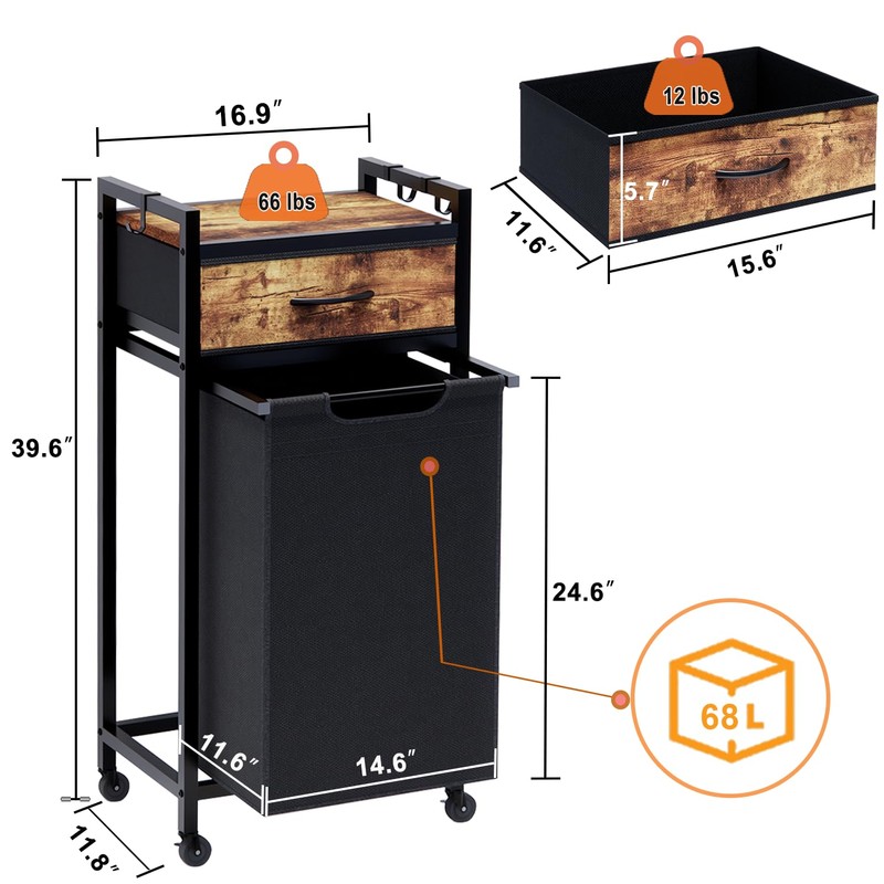 Timberer Laundry Hamper, Laundry Sorter, Rolling Laundry Basket with Drawer,