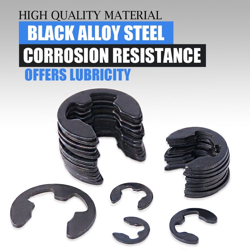 Glarks 300-Pieces 10 Size Black Alloy Steel E-Clip External Retaining