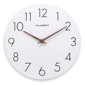 12'' Wooden Wall Clock - Plumeet Frameless Clocks with Silent Quartz Movement - Modern Style Village Wall Clocks Decorative Home Kitchen - Battery Operated (White)