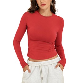 PrettyGuide Fall Basic Long Sleeve Shirts for Women Cotton Fitted Tee Cute Going Out Tops Teen Girls Cayenne Pepper M