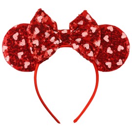 Roffiy Mouse Ears Bow Headband Valentine’s Day Red Heart Shiny Mouse Ears Sequins Bows Hairband for Woman Girl Holiday Cute Hair Decoration