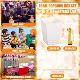 400 Pcs Zopeal Mini Popcorn Boxes and Clear Treat Bag Set, Bulk Popcorn Bags Open Top Paper Popcorn Containers with Treat Bags Popcorn Candy Boxes for Movie, Party, 3 x 4 Inch (White)