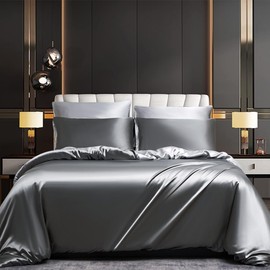 Luofanfei Satin Bettwäsche 135x200 Grau Hellgrau Glanzsatin Seide Kühlende Wendebettwäsche Sommer Glänzend Glatt Glanzs Uni Muster Luxus Bettbezug 135 200 Einzelbett mit Reissverschluss