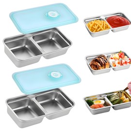 MACTANO Stainless Steel Snack Containers, Grab and Go Double Compartment Reusable Dip Containers with Lids -2PCS