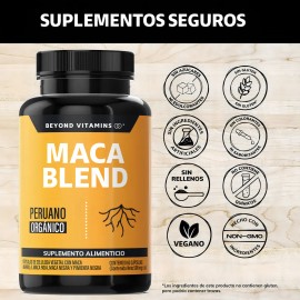 Maca Blend | Maca Peruana Orgánica + Pimienta Negra | Maca Negra | Sin Azúcar - Suplemento Alimenticio Vegano Beyond Vitamins Testo - 60 Cápsulas