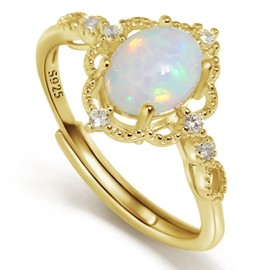 Meissa Silver Rings White Oval Cut Cubic Zirconia Ring October Birthdaystone Eternity Stackable Engagement Band for Women (02_Gold)