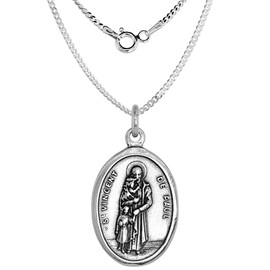 Sterling Silver St Vincent Medal Necklace Oxidized finish Oval 20 inch 1.8mm Chain