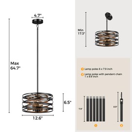 12.6 in Black Chandelier, 3-Light Farmhouse Chandelier for Dining Room Lighting Fixtures Hanging, Dining Light Fixtures Industrial Modern Chandelier for Bedroom, Foyer, Kitchen, Living Room, Entryway